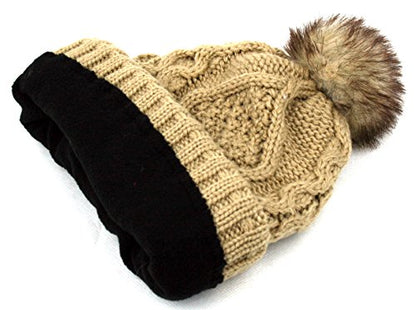 Women's Winter Fleece Lined Cable Knitted Pom Pom Beanie Hat - color: Khaki