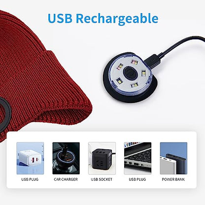LED Beanie Hat with Light, USB Rechargeable LED Headlamp Hat, Unisex Winter Hat Warm Knitted Earflap Beanie with Night Flashlight (Red) - color: Red Adult