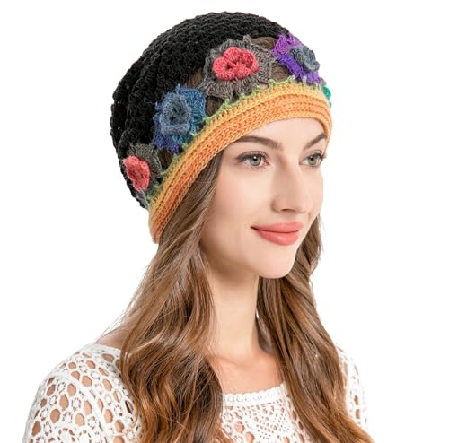 ZLYC Women Cotton Crochet Slouchy Beanie Hat Handmade Knit Summer Skull Cap - color: Colorful Flower Black