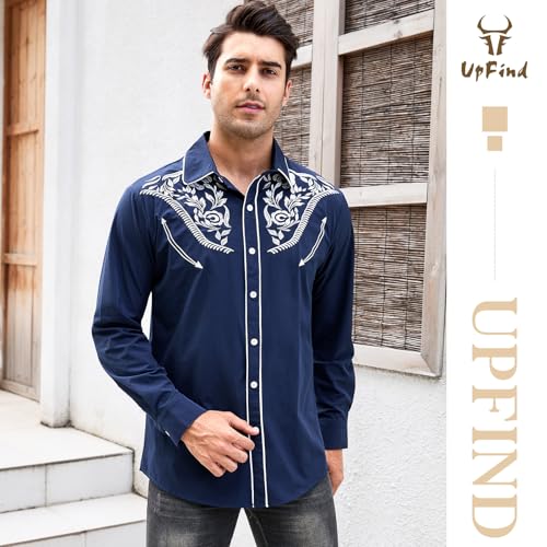 Western Shirts for Men Cowboy Shirts Long Sleeve Embroidered Country Shirt Slim Fit Button Down Shirt Casual Work - color: Blue, size: 3X-Large