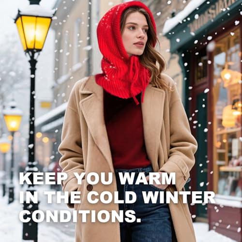 Stilldawn Hooded Scarf Beanie for Women&Men,Balaclava Winter Hat,Knit Skull Cap Neck Gaiter,Warm Premium Polyester Scarf Hat - color: Red