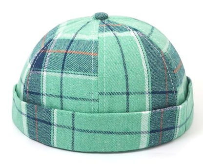 DIYDECAL Striped Plaid Brimless Worker Cap,Retro Skullcap Docker Hat for Men Womens - color: Green