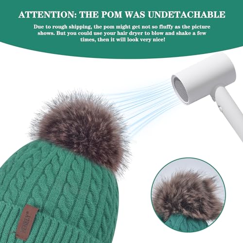 FENELY Women's Knitted Warm Beanie Winter Hat, Warm Chunky Snow Hat with Pompom - color: Green