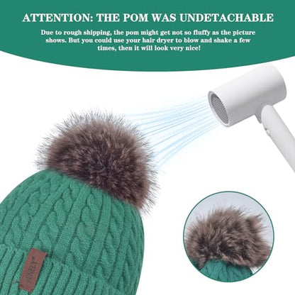 FENELY Women's Knitted Warm Beanie Winter Hat, Warm Chunky Snow Hat with Pompom - color: Green