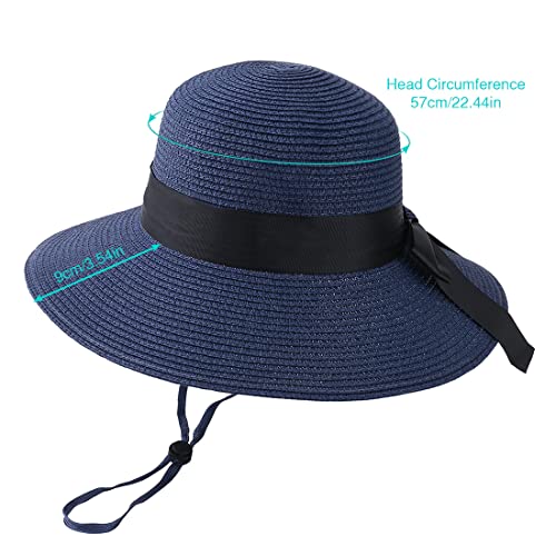 Sun Straw Hat for Women with Wind Lanyard Wide Brim Foldable Beach Summer Hats Womens UV 50+ Protection Bowknot Cap - color: Navy Blue
