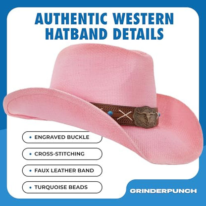 grinderPUNCH Straw Cowboy Hat for Men Women Western Cowgirl Outback Sun Hat - color: Pink