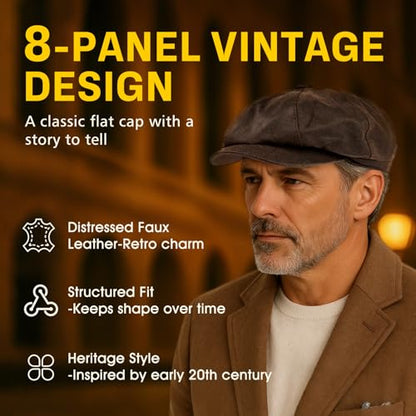 TOP-EX Waterproof 8-Panel Faux Leather Newsboy Flat Cap for Men, Adjustable - color: Coffee (Waterproof Faux Leather), size: X-Large-XX-Large