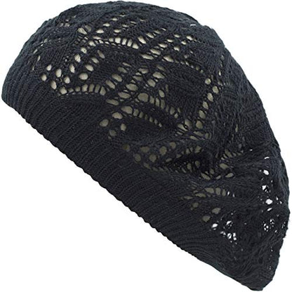 an Womens Lightweight Cut Out Knit Beanie Beret Cap Crochet Hat - Many Styles - color: Black Leaf