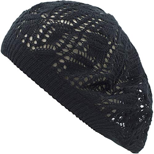 an Womens Lightweight Cut Out Knit Beanie Beret Cap Crochet Hat - Many Styles - color: Black Leaf