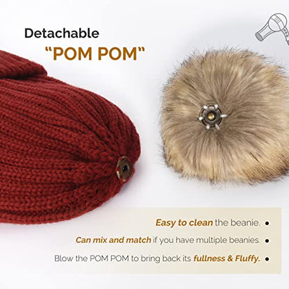 FURTALK Womens Winter Knitted Beanie Hat with Faux Fur Pom Warm Knit Skull Cap Beanie for Women - color: Wine Red