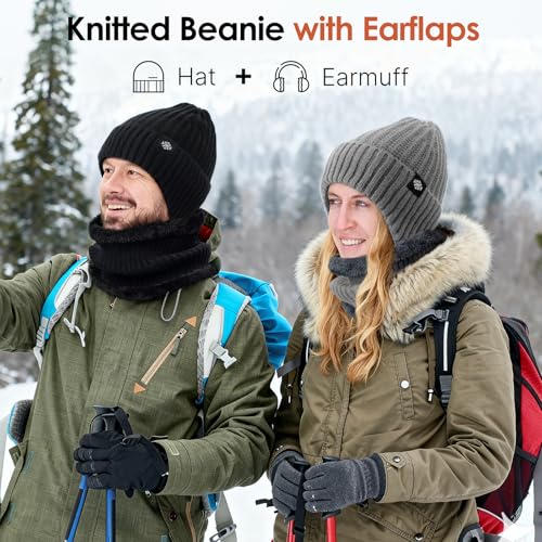 Trifabricy Winter Knit Hat Scarf Set, Fleece Lined Beanie and Neck Warmer - color: Black