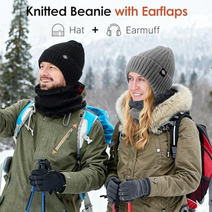 Trifabricy Winter Knit Hat Scarf Set, Fleece Lined Beanie and Neck Warmer - color: Grey