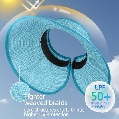 Women's Sun Visor Hats Wide Brim Straw Beach Hat Ponytail Hats for Women Foldable Floppy - color: 1pack-sea Blue