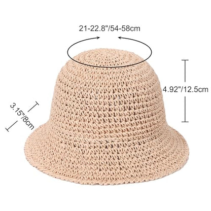 Womens Sun Hat Handmade Straw Bucket UV Protection Travel Summer Beach Cap - color: Pale Dogwood
