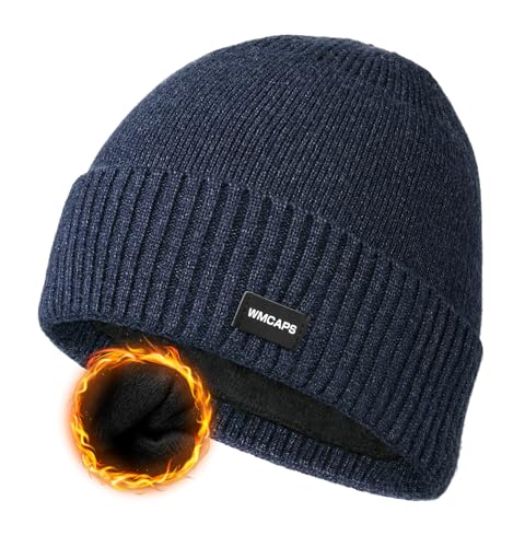 Wmcaps Fleece Lined Beanie Warm Winter Knit Hat for Men Women Cold Weather - color: Navy Blue/White