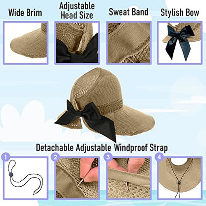 Straw Sun Visor for Women, Wide Brim UPF 50+ Protection Beach Hat, Adjustable, Roll Up Foldable Ponytail Cap with Chin Strap - color: A Beige