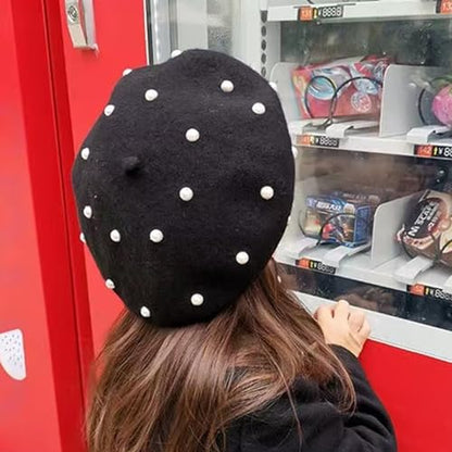 2 Pcs Winter Wool Berets Pearl French Style Beanie Cap Solid Color Winter Hat Beaded Beret Cap for Women and Girls Casual Use （Black, Red）