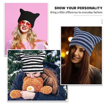 Women Beanie Warm Winter Hats, Soft Knit Lazy Beanie for Women, Women Cat Beanie，Women Fox hat, Slouchy Beanies for Women - color: 2pcs Purple Green & Black