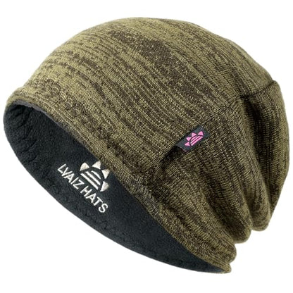 Lvaiz Winter Fleece Lined Beanie Hat for Men Women Reversible Skull Cap - color: Khaki+grey