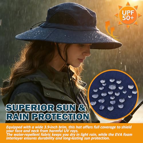 Wide Brim Sun Bucket Hat, Waterproof Boonie Hat for Men & Women - color: 01 Navy Blue