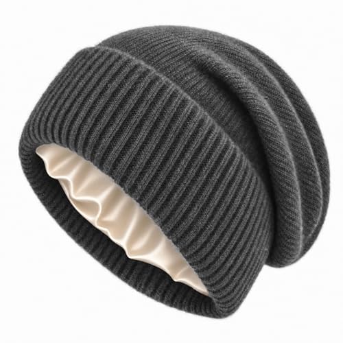 Facecozy Satin Lined Beanie for Women Soft Satin Lining Slouchy Winter Hats - color: Dark Grey