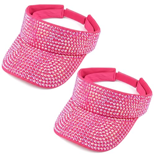 Bling Rhinestones Sun Visors Hats Golf Beach Open Top Visor Cap for Women - color: Hot Pink