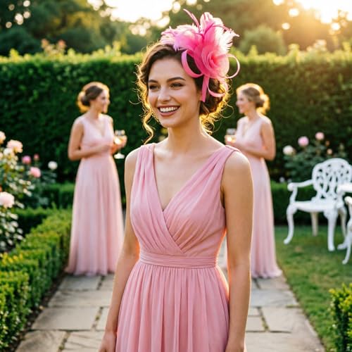 DRESHOW Fascinators Hats for Women Tulle Feather Tea Party Fascinator Hats - color: Fuschia