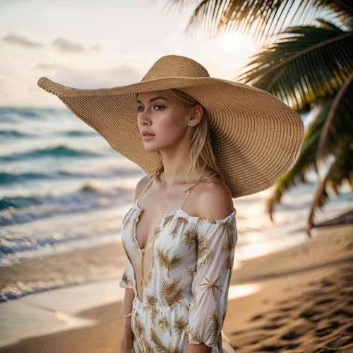 Oversized Beach Hat Women, Extra Wide Brim Foldable Straw Floppy Sun Hat - color: Khaki