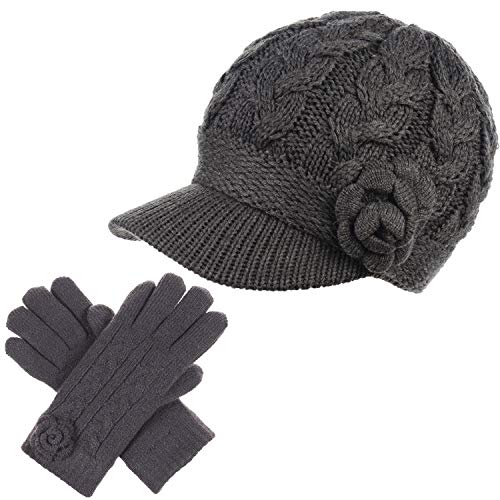Womens Winter Elegant Cable Flower Knitted Newsboy Cabbie Cap Beret Beanie Hat with Visor, Warm Plush Fleece Lined - color: Charcoal Cable Flower-hat Gloves Set # 2