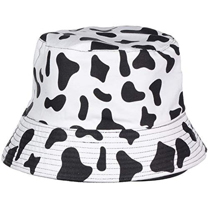 BYOS Summer Fashion Print Cotton Bucket Sun Hat for Men Women, Reversible Black - color: Cow Print Black White