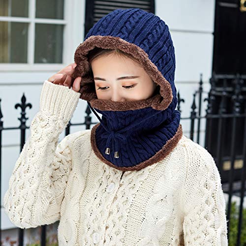 HUAMULAN Women Winter Knit Balaclava Fleece Lined Hooded Beanie Hats - color: Navy, size: Medium