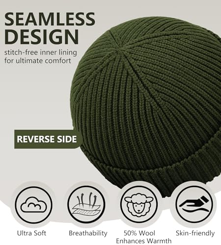 Seamless Beanie Hat for Men Women Wool Fisherman Beanies Winter Hats - color: Army Green