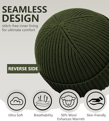 Seamless Beanie Hat for Men Women Wool Fisherman Beanies Winter Hats - color: Army Green