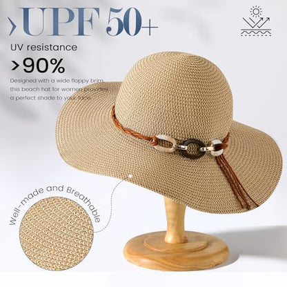 Pleneal Beach Sun Staw Hats for Women, UPF 50+ Foldable Wide Brim Sun Hat - color: Khaki - C