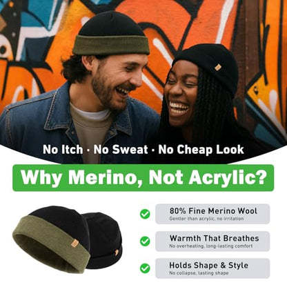 TOP-EX Merino Wool Fisherman Beanie for Men Women, Knit Watch Cap Winter - color: Army Green, size: Medium-Large