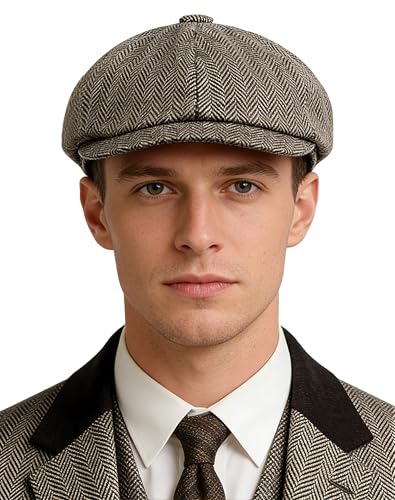 Adult 1920s Newsboy Cap for Men British Gangster Style Costume Baker Wool 8-piece Cap Halloween - color: Brown Herringbone, size: M (22.8")