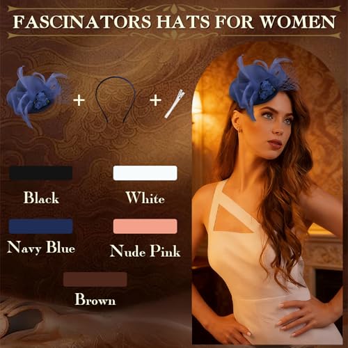 AMCAMI Fascinators Hats for Women Girls 2026 Derby Hats Tea Party Hat with Headband and Clip - color: Navy Blue