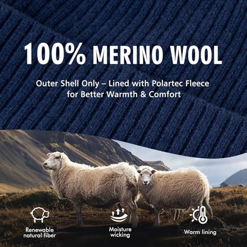 TOP-EX 100% Australian Merino Beanie, S/M-XL/XXL, Polartec Fleece Lined - color: Te94586_navy Blue, size: Medium-Large