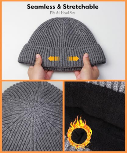 Heniho Wool Fleece Lined Fisherman Beanie for Men, Winter Warm Hats Cuffed Knit Watch Cap Trawler Hat - color: 1pack B- Grey