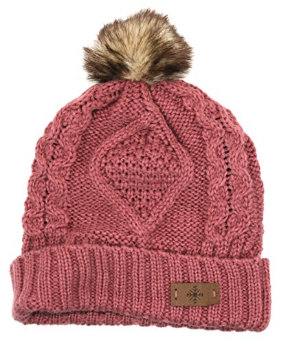 Women's Winter Fleece Lined Cable Knitted Pom Pom Beanie Hat - color: Pink
