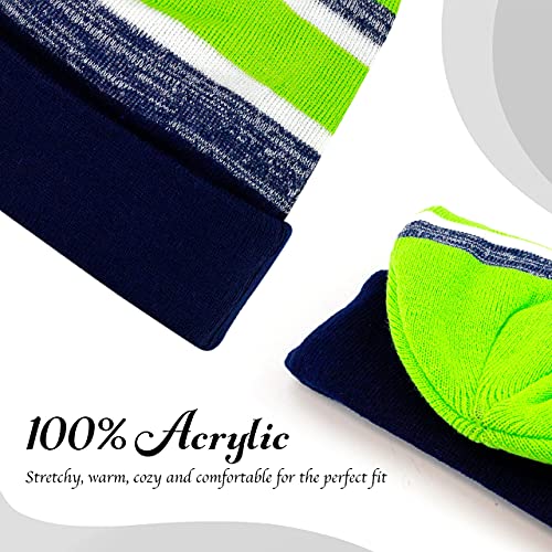 Winter Knit Beanie Hat with Pom Pom – Warm Cuffed Slouch Ski Cap for Men & Women - color: 2.navy and Lime