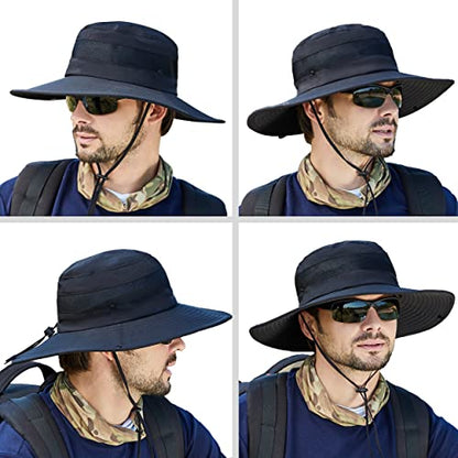 Muryobao Men's Boonie Hat UPF 50+ Summer Sun Hat UV Protection Wide Brim Waterproof Bucket Hat for Beach Fishing Cap - color: Black