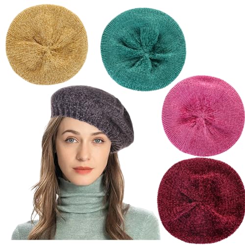4 Pieces French Chenille Beret Hat for Women Knitted Painter Cap Warm Beanie Hat for Girls - color: Yellow Green Rose Wine