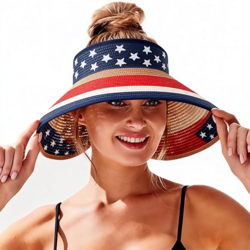 Women Sun Visors Wide Brim Foldable Packable Ponytail Beach Hat Straw Leopard Roll Up Bow Visor Sun Hats - color: Flag
