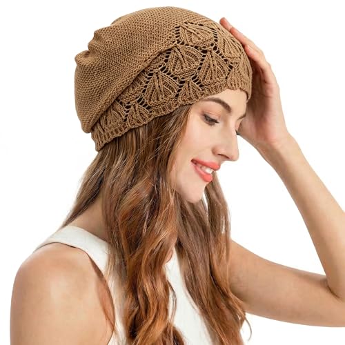 ZLYC Crochet Slouchy Beanie for Women Soft Lightweight Skull Cap - color: Solid Shiny Brown
