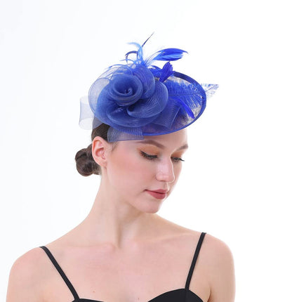 Fascinator Hat with Feather and Mesh – Floral Headpiece for Tea Party, Wedding, Cocktail Event - color: Royal Blue