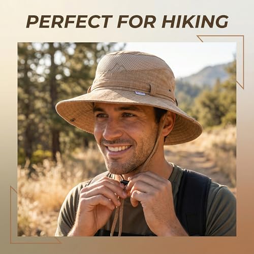 Men’s UV Sun Hat, Breathable Mesh Bucket Hat, Adjustable Chin Strap, Lightweight Foldable Outdoor Fishing Hiking Hat - color: #B32 Brown, size: 6 7/8-7 1/4
