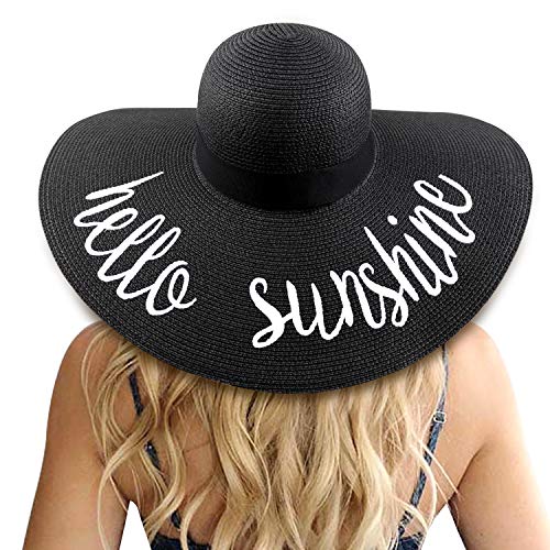 DRESHOW Big Straw Sun Hats for Women Floppy Foldable Roll up Beach Cap Sun Hat UPF 50+ Vacation Honeymoon Embroidered Hat - color: Ae Hello Sunshine A: Black
