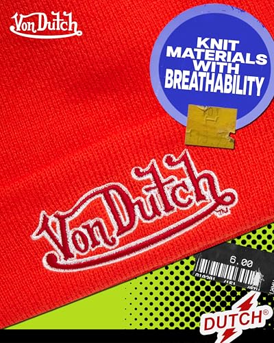 Von Dutch Unisex Cuffed Knit Skull Cap Beanie, Embroidered Logo - color: Orange
