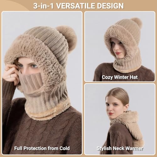 Women’s Knitted Beanie Hat with Face Cover - 3 in 1 Winter Balaclava with Mask Scarf Ear Muffs Pompom Fleece Lined Snow Caps - color: White-a